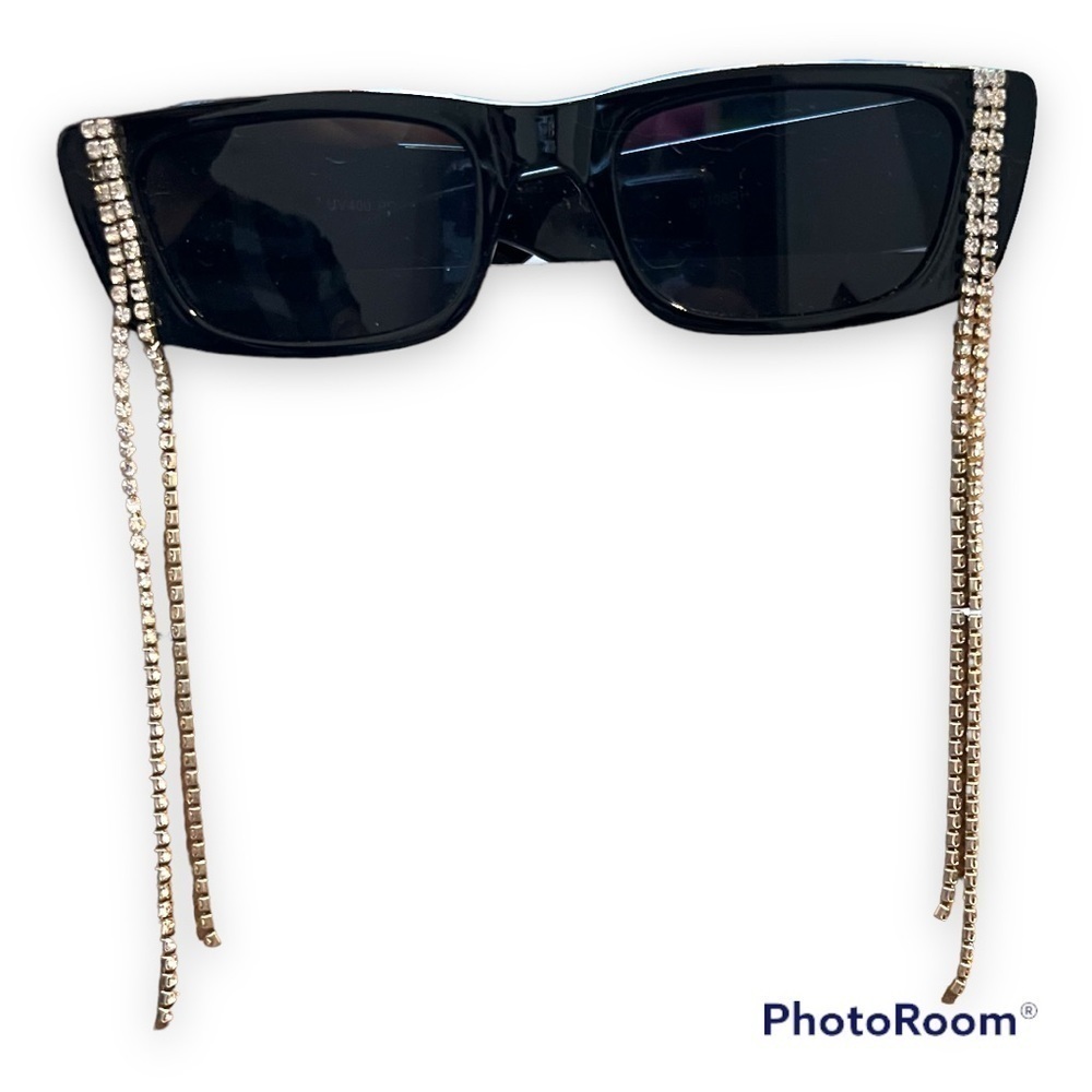 Mod Sunglasses Rectangle Black Rhinestone Chain